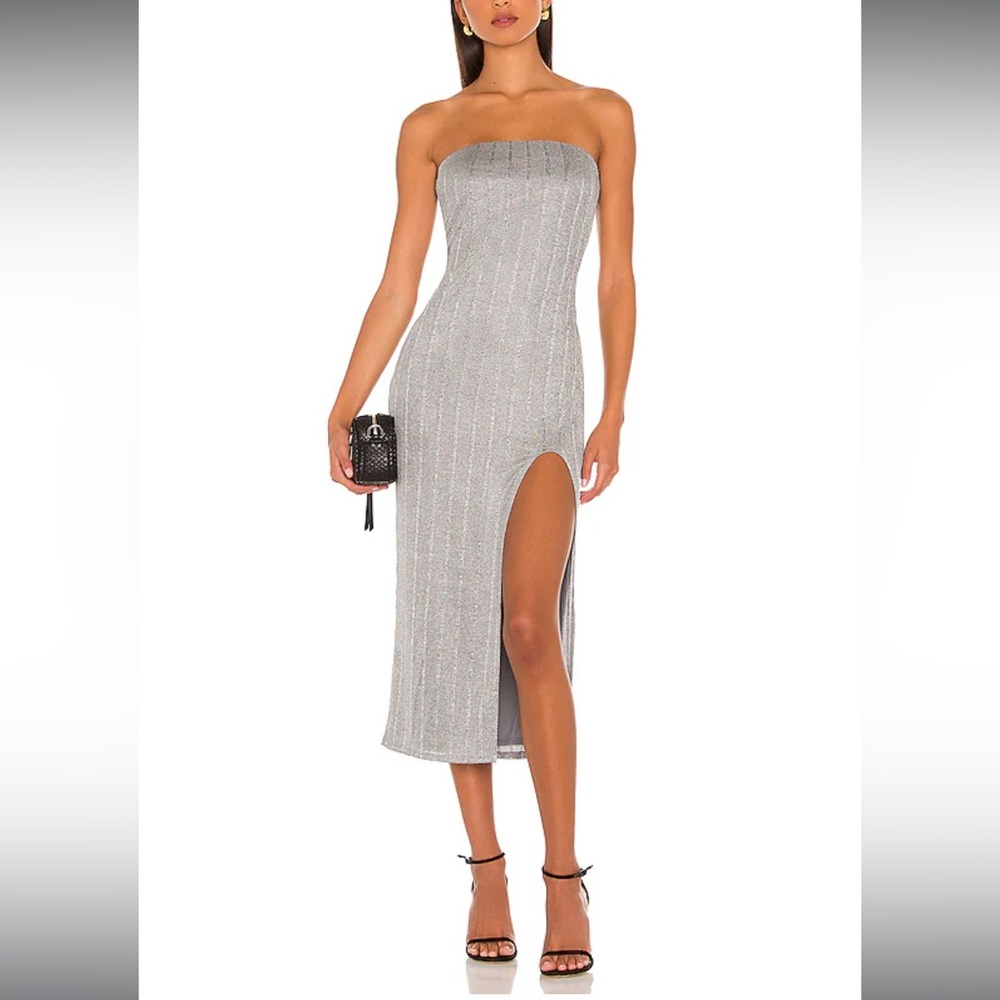 NBD Strapless Midi Silver Dress